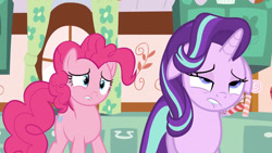 Size: 1920x1080 | Tagged: safe, screencap, pinkie pie, starlight glimmer, pony, no second prances, faic, floppy ears, lip bite, open mouth, out of context, sugarcube corner, varying degrees of want