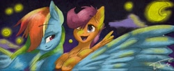 Size: 953x394 | Tagged: safe, artist:lubyloo7, derpibooru import, rainbow dash, scootaloo, pegasus, pony, moon