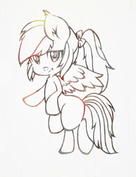 Size: 920x1190 | Tagged: safe, artist:kakyou-dreams, derpibooru import, rainbow dash, pegasus, pony, monochrome, pencil drawing, pigtails, simple background, solo, traditional art