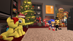 Size: 1280x720 | Tagged: safe, artist:sky chaser, sunset shimmer, oc, pony, equestria girls, 3d, bendy, bendy and the ink machine, canon x oc, christmas, christmas tree, classic sonic, crossover, cuphead, cuphead (character), five nights at freddy's, freddy fazbear, gadget the wolf, golden freddy, hat, holiday, santa hat, sonic forces, sonic the hedgehog, sonic the hedgehog (series), source filmmaker, studio mdhr, tree
