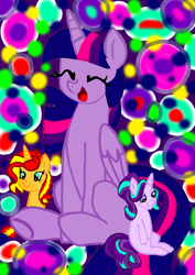 Size: 1000x1414 | Tagged: safe, starlight glimmer, sunset shimmer, twilight sparkle, twilight sparkle (alicorn), alicorn, pony, unicorn, simple background