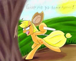 Size: 999x799 | Tagged: safe, artist:madacon, applejack, earth pony, pony, bipedal, solo, tree, yelling