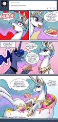 Size: 700x1473 | Tagged: safe, artist:johnjoseco, princess celestia, princess luna, alicorn, pony, alternate hairstyle, ask gaming princess luna, bath, bathtub, bedroom eyes, cake, cakelestia, comic, eyes closed, eyes on the prize, frown, glare, grin, licking lips, looking at you, magic, messy, open mouth, ponytail, smiling, telekinesis, tongue out, yelling