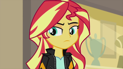 Size: 1280x720 | Tagged: safe, screencap, sunset shimmer, equestria girls, my past is not today, frown, indoors, looking away, solo, trophy