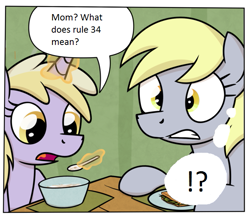 Size: 673x587 | Tagged: safe, artist:moemneop, derpy hooves, dinky hooves, breakfast, exploitable meme, meme, rule 34, text, thought bubble