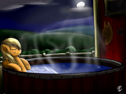 Size: 1600x1200 | Tagged: safe, artist:globalpredatorx, applejack, earth pony, pony, eyes closed, hot tub, loose hair, moon, night, solo, wet mane