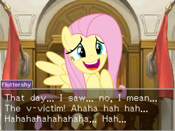 Size: 800x600 | Tagged: safe, fluttershy, pegasus, pony, ace attorney, courtroom, crossover, dialogue, phoenix wright, reference, solo, witness