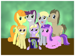 Size: 1024x761 | Tagged: safe, artist:allonsbro, amethyst star, carrot top, derpy hooves, dinky hooves, doctor whooves, forsythia, golden harvest, noi, sparkler, written script, pegasus, pony, equestria's best daughter, equestria's best family, equestria's best father, equestria's other best daughter, family, female, goldenscript, headcanon, male, mare, photo, shipping, story included, straight