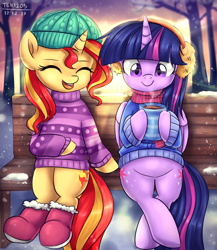 Size: 1300x1500 | Tagged: safe, artist:tcn1205, sunset shimmer, twilight sparkle, twilight sparkle (alicorn), alicorn, pony, unicorn, bench, both cutie marks, clothes, coffee, cute, duo, earmuffs, eyes closed, female, happy, mare, open mouth, scarf, shimmerbetes, shoes, sitting, sitting lyra style, smiling, snow, sweater, tree, twiabetes