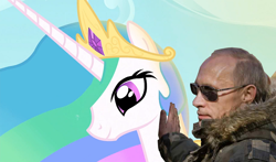 Size: 1000x588 | Tagged: safe, edit, princess celestia, alicorn, pony, crack shipping, putinlestia, stroking, sunglasses, vladimir putin