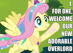 Size: 900x650 | Tagged: safe, edit, edited screencap, screencap, fluttershy, pegasus, pony, testing testing 1-2-3, caption, celestia costume, celestia's crown, costume, cropped, crown, cute, fake horn, female, flying, image macro, jewelry, mare, peytral, regalia, ribbon, shyabetes, shylestia, smiling, solo, the simpsons