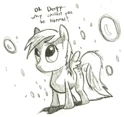 Size: 784x736 | Tagged: safe, artist:matugi, derpy hooves, pegasus, pony, black and white, bubble, dialogue, female, grayscale, looking up, mare, monochrome, solo, traditional art