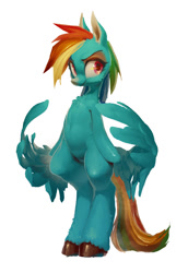 Size: 625x908 | Tagged: safe, artist:derekireba, derpibooru import, rainbow dash, pegasus, pony, bipedal, butt wings, simple background, unshorn fetlocks, white background