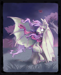 Size: 990x1222 | Tagged: safe, artist:holotuff, fluttershy, pony, undead, vampire, vampony, female, flutterbat, mare, night, sitting, solo, windswept mane, windy