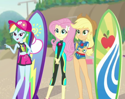 Size: 910x720 | Tagged: safe, derpibooru import, screencap, applejack, fluttershy, rainbow dash, better together, blue crushed, equestria girls, clothes, surfboard, swimsuit, wetsuit