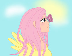 Size: 1466x1130 | Tagged: safe, artist:redjanuary, fluttershy, butterfly, human, humanized, solo, winged humanization