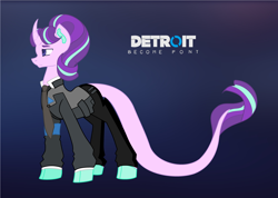 Size: 4672x3320 | Tagged: safe, artist:musicbetmlp, starlight glimmer, classical unicorn, pony, unicorn, clothes, cloven hooves, connor, cosplay, costume, crossover, curved horn, detroit: become human, female, gradient background, jacket, leonine tail, mare, pants, rk800, solo, suit, unshorn fetlocks, video game