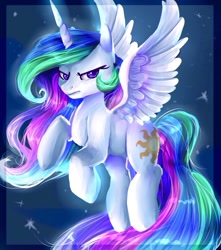 Size: 1500x1700 | Tagged: safe, artist:baid-woo, princess celestia, alicorn, pony, female, flying, frown, looking at you, mare, solo