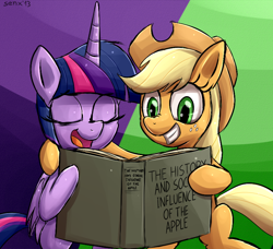 Size: 800x730 | Tagged: safe, artist:senx, applejack, twilight sparkle, twilight sparkle (alicorn), alicorn, earth pony, pony, book, female, mare, reading, that pony sure does love apples