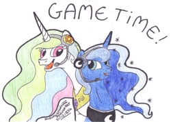 Size: 925x659 | Tagged: safe, artist:skywalkergirl666, princess celestia, princess luna, alicorn, pony, gamer celestia, gamer luna, headset, traditional art