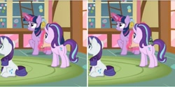 Size: 1198x598 | Tagged: safe, edit, edited screencap, editor:axal-5, screencap, rarity, starlight glimmer, twilight sparkle, twilight sparkle (alicorn), alicorn, pony, unicorn, school daze, all seeing eye, comparison, illuminati, illuminati confirmed, plot, side by side