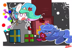 Size: 3000x2000 | Tagged: safe, artist:aerostoner, princess celestia, princess luna, alicorn, pony, chibi, christmas, magic, present