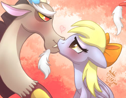 Size: 1800x1400 | Tagged: safe, artist:joakaha, derpy hooves, discord, pegasus, pony, blushing, crack shipping, derpcord, female, kissing, male, mare, shipping, straight
