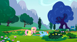 Size: 1098x597 | Tagged: safe, derpibooru import, screencap, fluttershy, rainbow dash, pegasus, pony, sonic rainboom (episode)