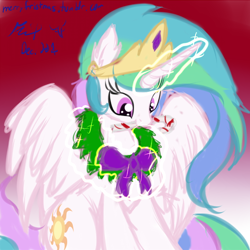 Size: 528x528 | Tagged: safe, artist:frist44, princess celestia, alicorn, pony, 30 minute art challenge, bow, candy cane, cute, cutelestia, levitation, magic, mouth hold, solo, telekinesis, wreath