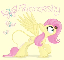 Size: 2288x2128 | Tagged: safe, artist:grendeleev, fluttershy, butterfly, pegasus, pony, cloven hooves, leonine tail, simple background, solo, unshorn fetlocks, yellow background