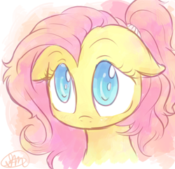 Size: 900x870 | Tagged: safe, artist:spikedmauler, fluttershy, pegasus, pony, alternate hairstyle, bust, cute, floppy ears, hnnng, ponytail, portrait, shyabetes, signature, solo