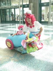 Size: 1536x2048 | Tagged: safe, artist:rmtakesover, pinkie pie, human, 2013, anime expo, convention, cosplay, groucho mask, irl, irl human, party cannon, photo, plushie, solo