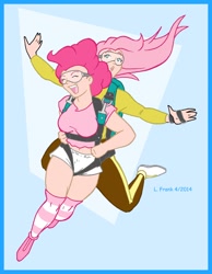 Size: 700x900 | Tagged: safe, artist:wom-bat, fluttershy, pinkie pie, human, air ponyville, falling, goggles, humanized, implied flutterpie, parachute, skydiving