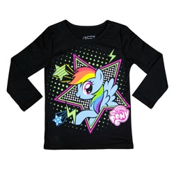Size: 1000x1000 | Tagged: safe, derpibooru import, rainbow dash, pegasus, pony, clothes, kids, lightning, long sleeves, my little pony logo, official, solo, stars, stock vector, t-shirt, welovefine