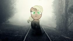 Size: 1920x1080 | Tagged: safe, artist:ceara, artist:karl97, applejack, coming at you, glowing eyes, irl, photo, ponies in real life, solo, train tracks, tree, vector, wallpaper