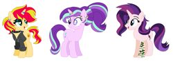 Size: 1243x441 | Tagged: safe, artist:fandom-crockpot, artist:mlpfangirl17, artist:selenaede, starlight glimmer, sunset shimmer, oc, oc:evening glitter, pony, unicorn, alternate hairstyle, base used, bedroom eyes, choker, clothes, ear piercing, earring, eye scar, eyeshadow, family, female, goth, horn ring, icey-verse, jacket, jewelry, leather jacket, lesbian, magical lesbian spawn, makeup, mare, mother and child, mother and daughter, next generation, offspring, open mouth, parent and child, parent:starlight glimmer, parent:sunset shimmer, parents:shimmerglimmer, piercing, ring, scar, shimmerglimmer, shipping, simple background, spiked choker, tattoo, wedding ring, white background