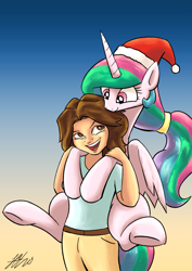 Size: 1447x2046 | Tagged: dead source, safe, artist:lovelyneckbeard, princess celestia, human, cute, cutelestia, hat, nicole oliver, piggyback ride, ponies riding humans, santa hat, voice actor joke