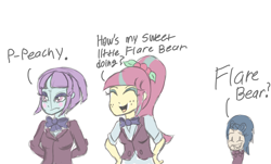 Size: 2824x1703 | Tagged: safe, artist:mildockart, indigo zap, sour sweet, sunny flare, equestria girls, clothes, dialogue, school uniform, traditional art