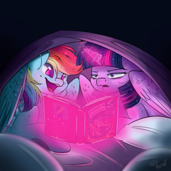 Size: 2000x2000 | Tagged: safe, artist:afkcyrist, derpibooru import, rainbow dash, twilight sparkle, twilight sparkle (alicorn), alicorn, pegasus, pony, bed, book, female, glowing horn, lesbian, magic, shipping, sleepover, telekinesis, twidash, twilight is not amused, unamused, under the covers