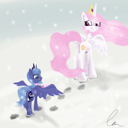 Size: 1024x1024 | Tagged: dead source, safe, artist:gracieek, princess celestia, princess luna, alicorn, pony, filly, hoofprints, looking back, sisters, smiling, snow, snowfall, spread wings, tongue out, woona