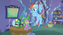 Size: 1920x1080 | Tagged: safe, derpibooru import, screencap, rainbow dash, spike, tank, dragon, pegasus, pony, tanks for the memories, cute, dashabetes, female, mare, scrunchy face, spike's room