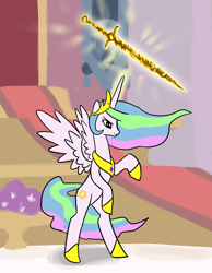 Size: 800x1031 | Tagged: safe, artist:gingermint, princess celestia, alicorn, pony, magic, solo, sword, weapon