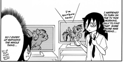 Size: 668x340 | Tagged: safe, derpibooru import, rainbow dash, pegasus, pony, crossover, grayscale, izumi kitta, japanese, manga, monochrome, text, tomoko kuroki, translated in the comments, voice actor joke, watamote