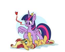 Size: 1000x800 | Tagged: safe, artist:heir-of-rick, sunset shimmer, twilight sparkle, twilight sparkle (alicorn), alicorn, pony, :p, blushing, crown, cute, female, heart, jewelry, lesbian, mare, regalia, shimmerbetes, shipping, silly, smiling, sunsetsparkle, tongue out, twiabetes