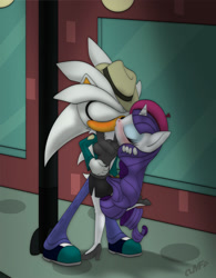 Size: 1167x1500 | Tagged: safe, artist:miniferu, rarity, pony, unicorn, blushing, crossover, crossover shipping, female, kissing, male, shipping, silvarity, silver the hedgehog, sonic the hedgehog (series), straight