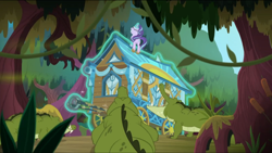 Size: 1570x885 | Tagged: safe, screencap, starlight glimmer, crocodile, pony, unicorn, road to friendship, eyes closed, female, gritted teeth, hoo'far's wagon, magic, mare, solo, swamp, telekinesis, wagon