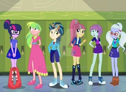 Size: 564x412 | Tagged: safe, artist:airiana45, indigo zap, lemon zest, sci-twi, sour sweet, sugarcoat, sunny flare, twilight sparkle, equestria girls, boots, clothes, converse, high heel boots, shadow six, shoes, skirt, sneakers, watermark