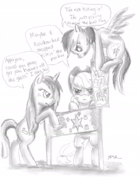 Size: 1492x1904 | Tagged: safe, artist:catscratchpaper, derpibooru import, applejack, rainbow dash, oc, oc:rolling wonder, earth pony, pegasus, pony, pinball, speech bubble