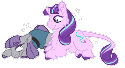 Size: 904x493 | Tagged: safe, artist:the-forgetful-artist, maud pie, starlight glimmer, classical unicorn, earth pony, pony, unicorn, cheek fluff, chest fluff, cloven hooves, ear fluff, female, leonine tail, lesbian, looking at you, shipping, simple background, smiling, starmaud, transparent background, unshorn fetlocks