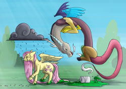 Size: 1600x1135 | Tagged: safe, artist:cold-creature, angel bunny, discord, fluttershy, draconequus, pegasus, pony, angry, chaos, cloud, crepuscular rays, dirty, eyes closed, female, floating, frown, laughing, marbles, mare, open mouth, paint, paint in hair, paint on fur, prank, rain, raincloud, raised hoof, raised leg, smiling, unamused, walking